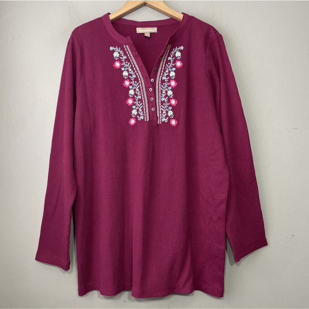 Woman Within Size L 18 20 Pink Thermal Knit Floral Embroidered Henley Cottage